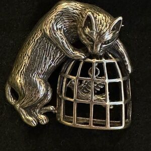Jezlaine Vintage Silver Cat and Bird Cage Brooch